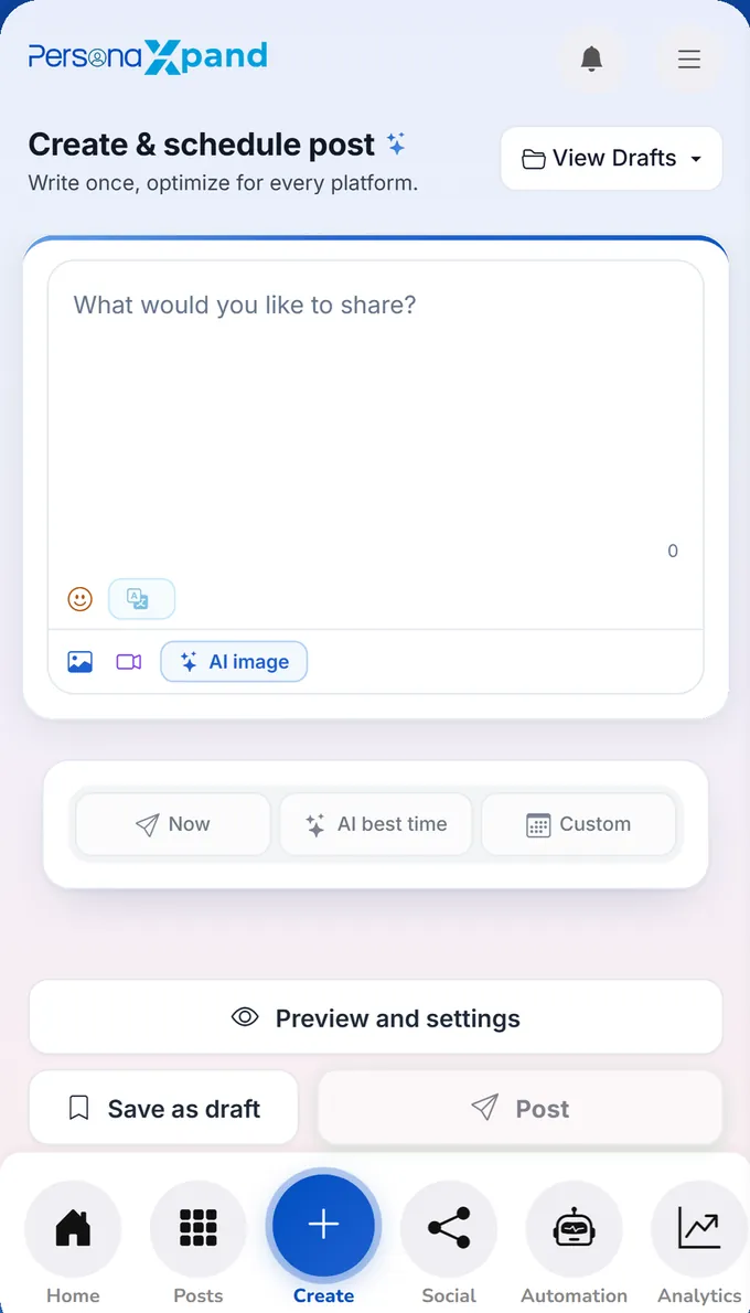 The PersonaXpand composer: one text box, with options to post now, at the AI-chosen best time, or on a custom schedule.