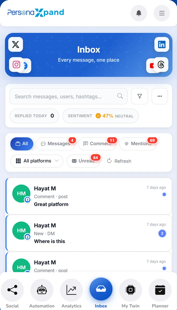 The PersonaXpand inbox, showing comments and messages gathered from every connected platform in one list.